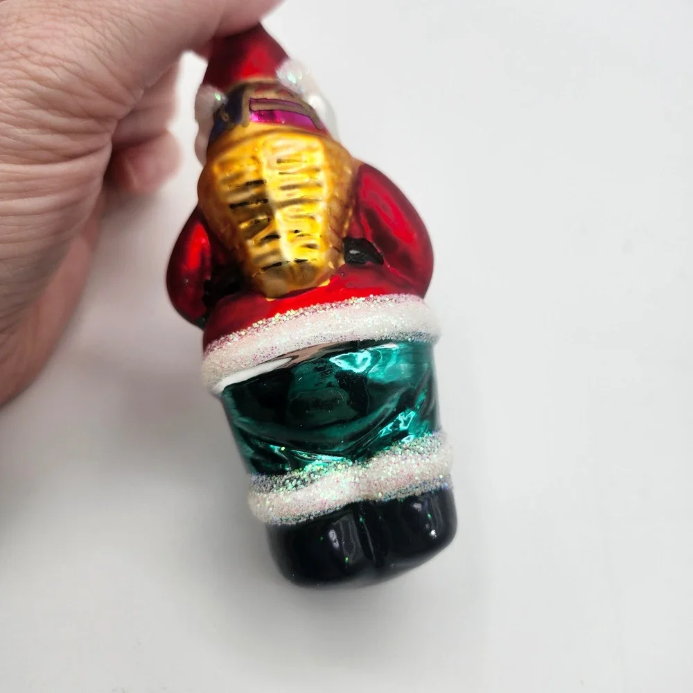 Czech Republic Blown Glass Santa Ornament with Glitter Trim Green Pants Gift Bag